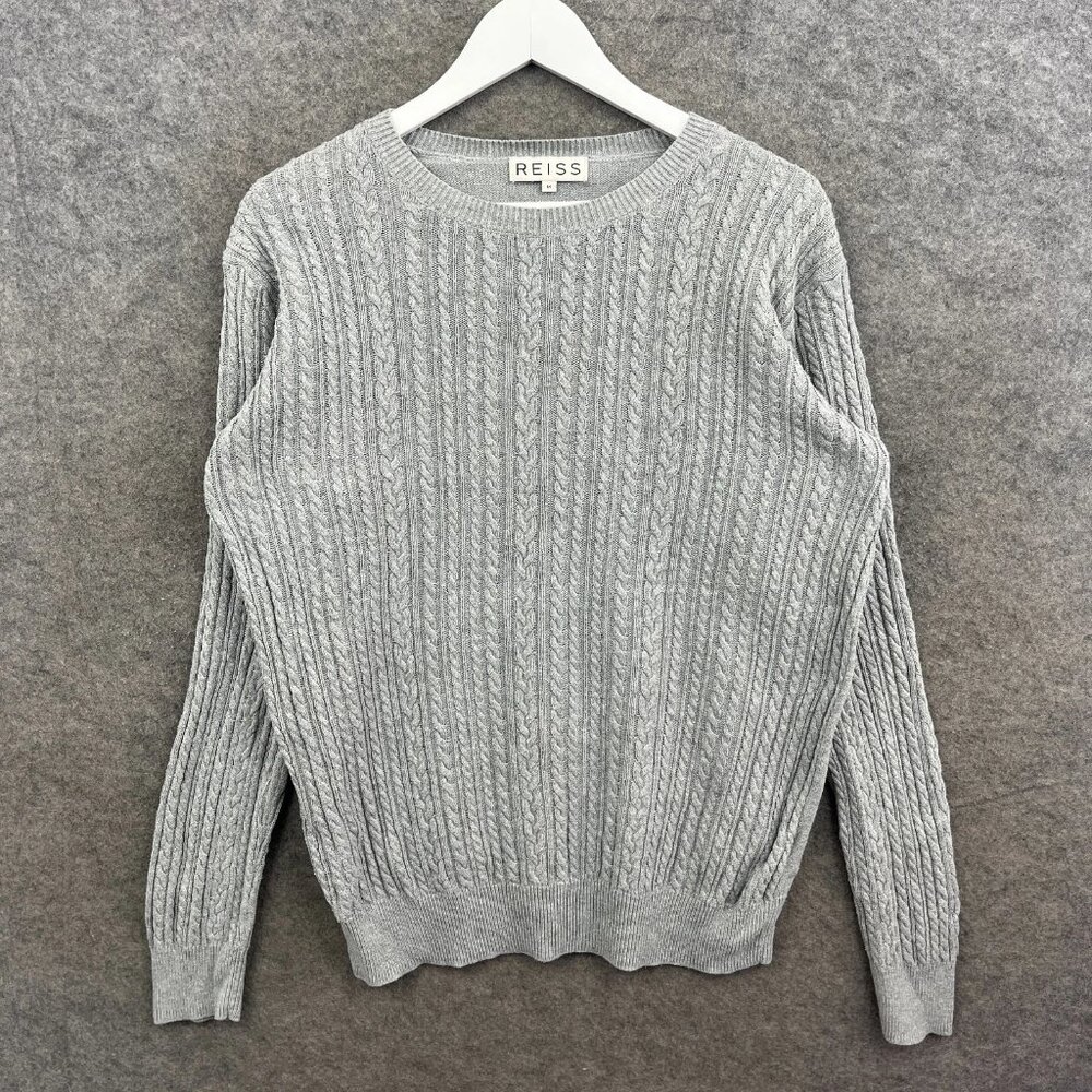 Reiss Jumper Mens Medium Grey Dusty Cable Knit Sweatshirt Sweater 100% Cotton